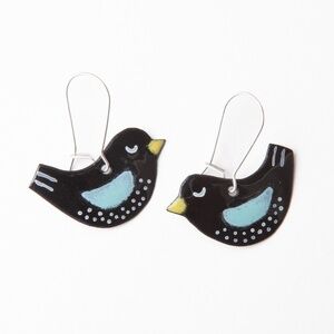 Handmade Copper Enamel Bird Earrings Hand Painted Whimsical Artisan Kiln Fired